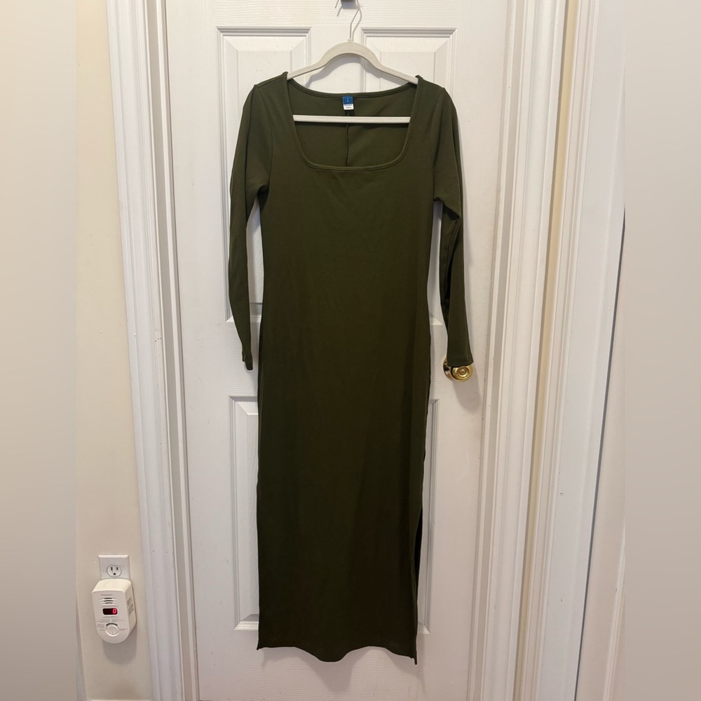 Fitted Rib-knit Square-neck Long Sleeve Olive Green Dress from Old Navy